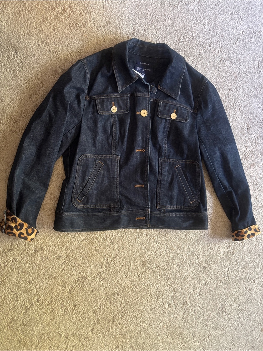 Jones New York Dark Indigo Denim Jacket with Leopard Cuff Accent